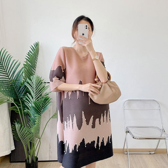 Darla Geometric print Designer Dress with Pearl Detailing