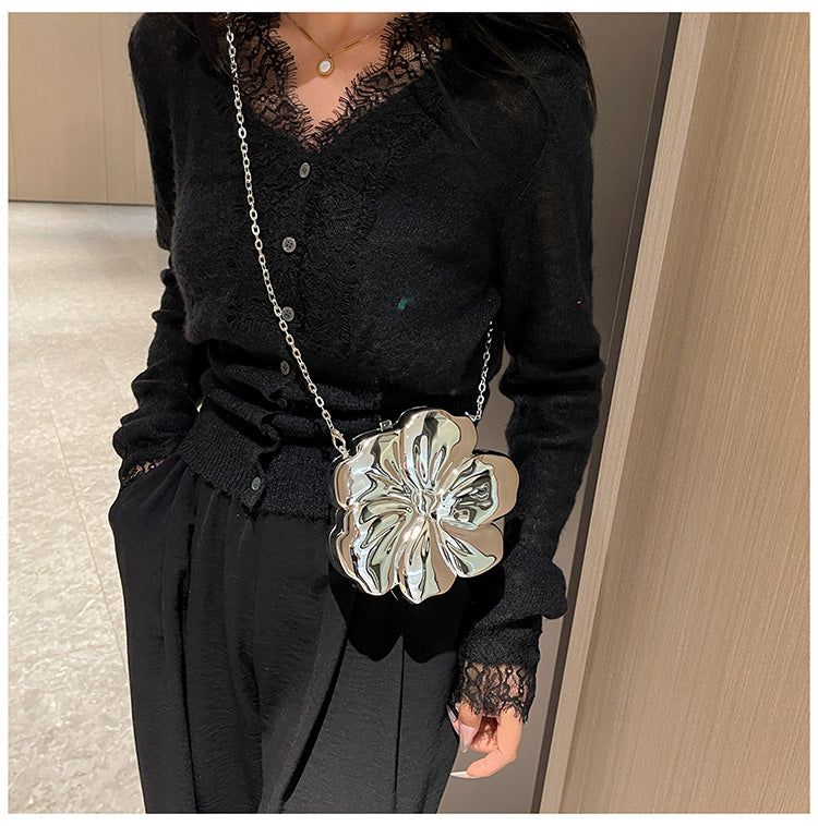 Designer Flower 3D Clutch with Shoulder Chain