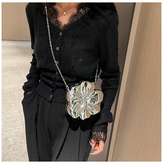 Designer Flower 3D Clutch with Shoulder Chain