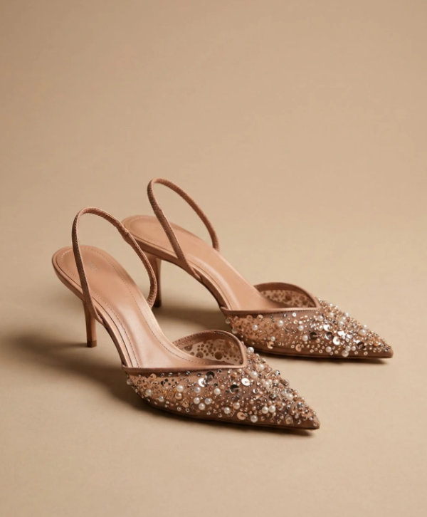 Sara Nude Mesh Heels with Sequins
