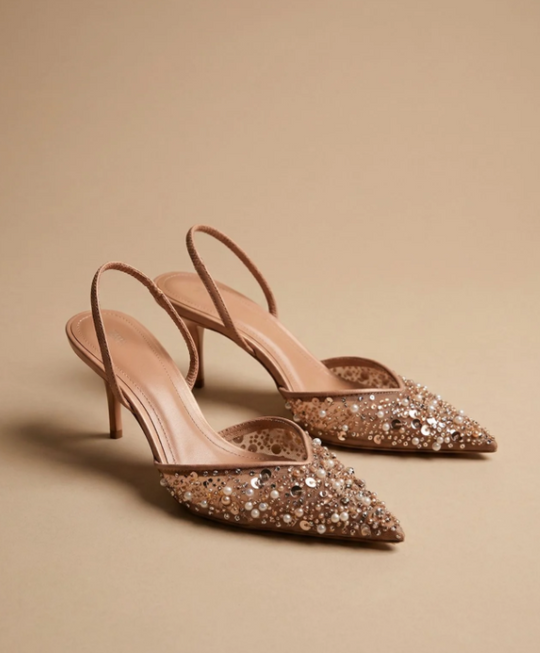Sara Nude Mesh Heels with Sequins