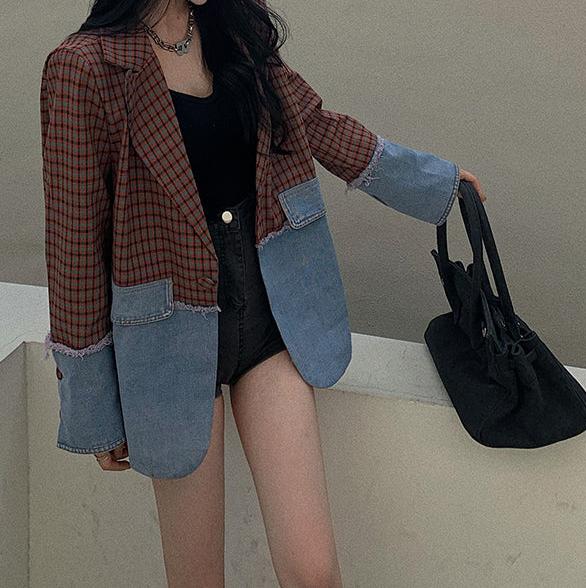 Wintour Plaid Denim Patchwork Blazer