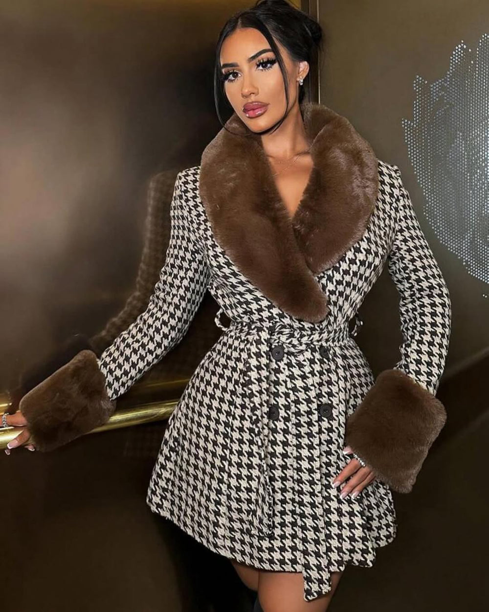 Jessica Plaid Woolen Coat with Fur Collar