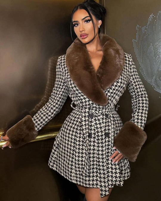 Jessica Plaid Woolen Coat with Fur Collar
