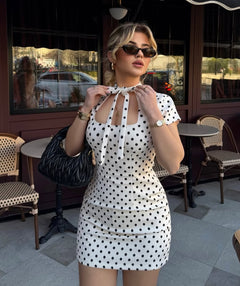 Thea Polka Dot Short Dress with Tie Detail