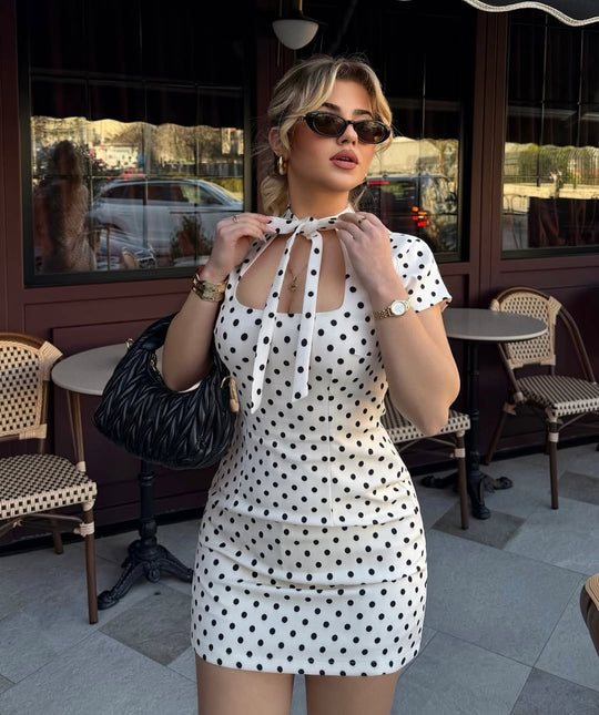 Thea Polka Dot Short Dress with Tie Detail