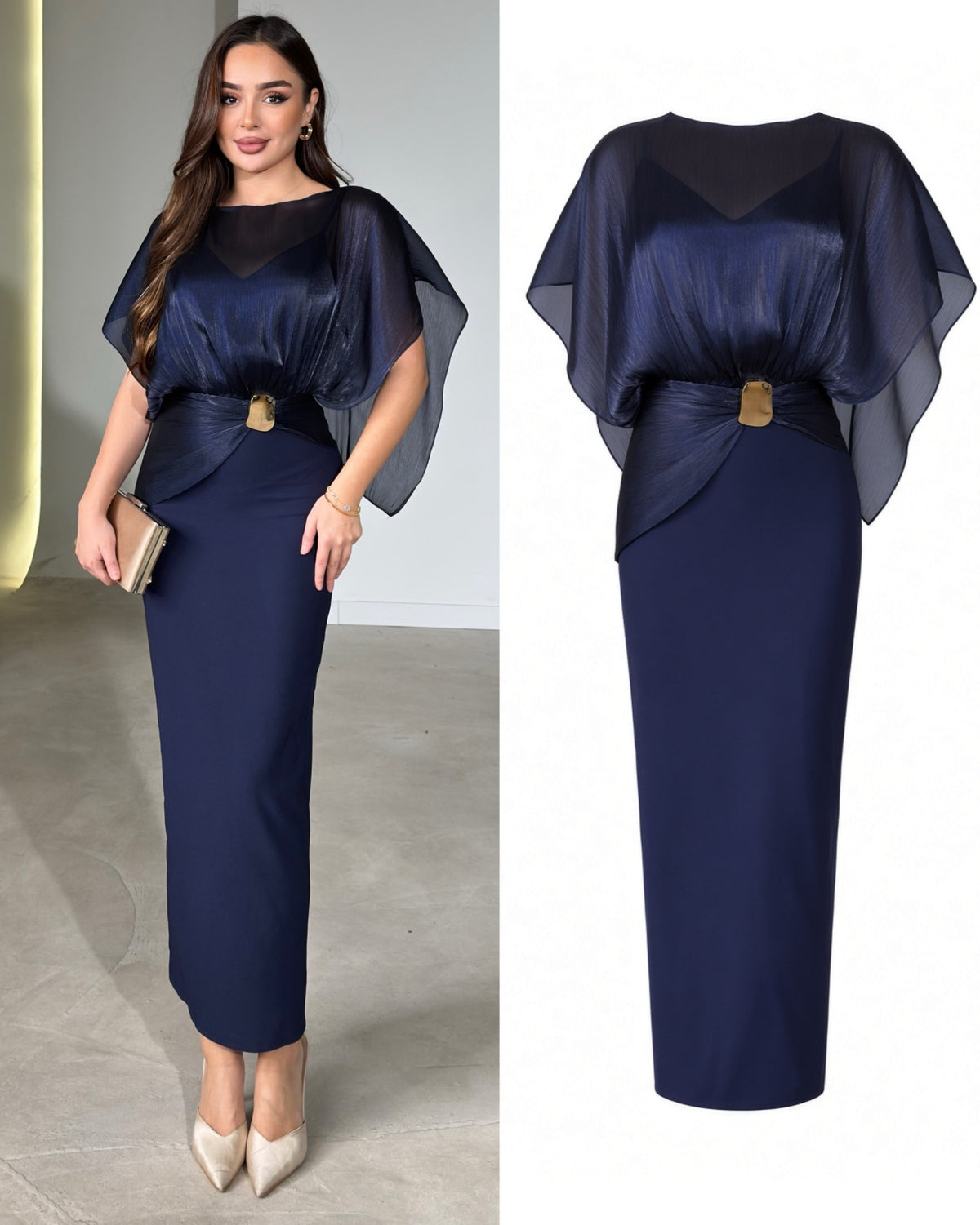 Giselle Organza Dress with Cape in navy blue