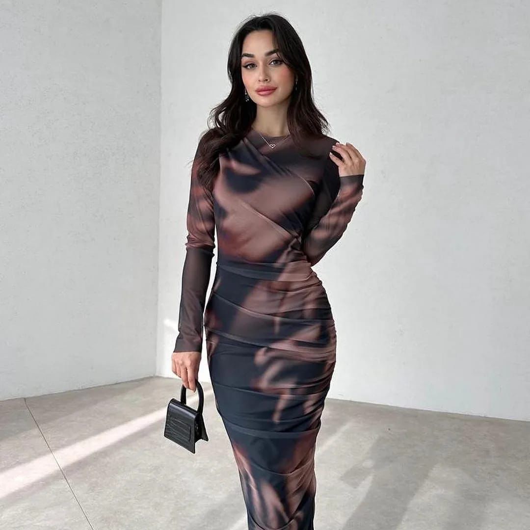 mesh bodycon dress Final Sale Plus Size Sheer in Red & Blue Print and slip lining Mesh Dress Long Sleeve Maxi