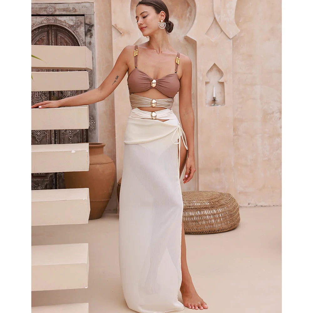 Izzie Swimsuit with Skirt in Brown