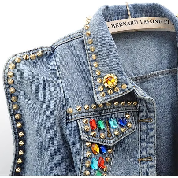 Alison Cropped Denim Jacket with 3D stone Detailing