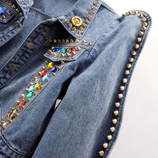 Alison Cropped Denim Jacket with 3D stone Detailing