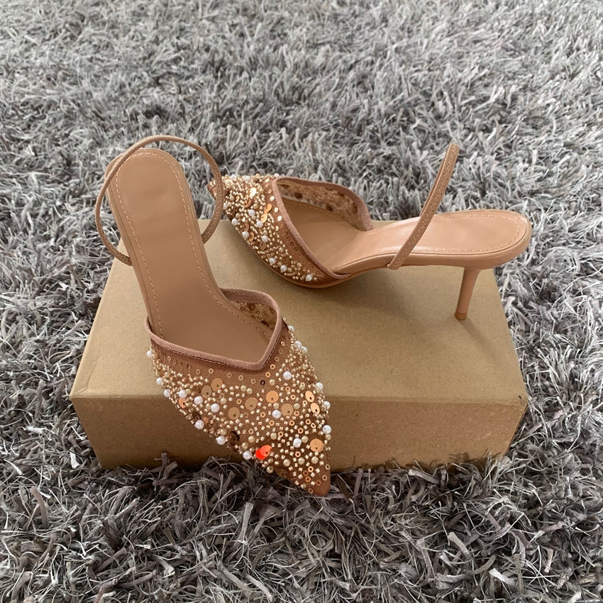 Sara Nude Mesh Heels with Sequins