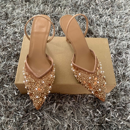 Sara Nude Mesh Heels with Sequins