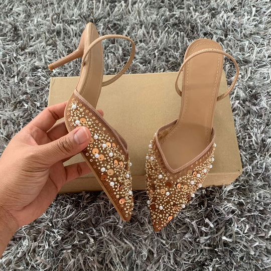 Sara Nude Mesh Heels with Sequins
