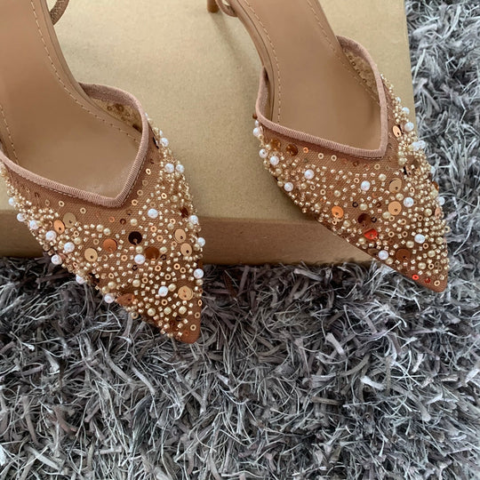 Sara Nude Mesh Heels with Sequins