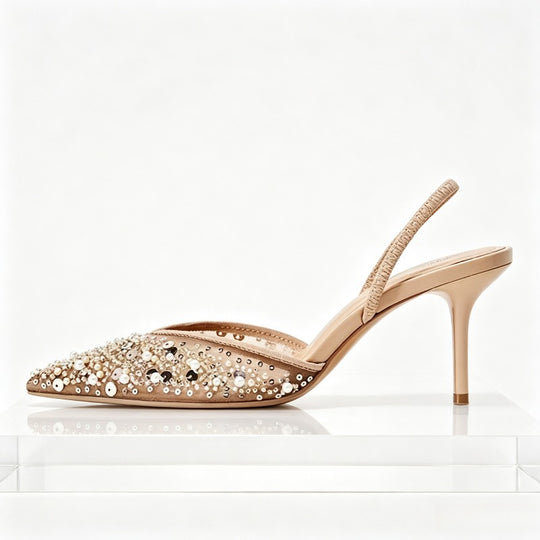 Sara Nude Mesh Heels with Sequins