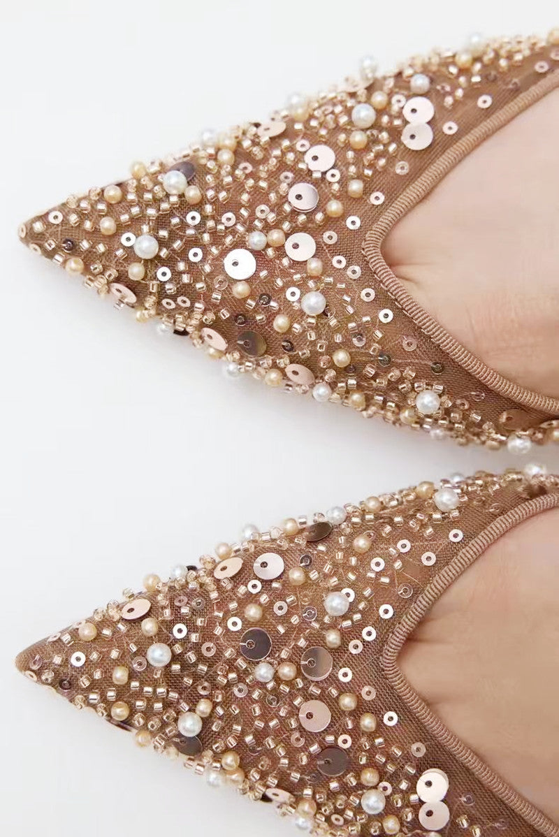 Sara Nude Mesh Heels with Sequins