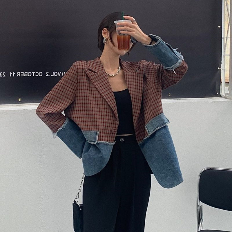 Wintour Plaid Denim Patchwork Blazer