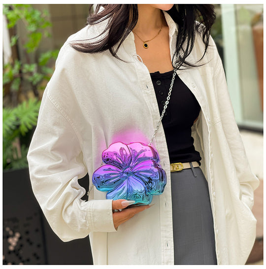 Designer Flower 3D Clutch with Shoulder Chain