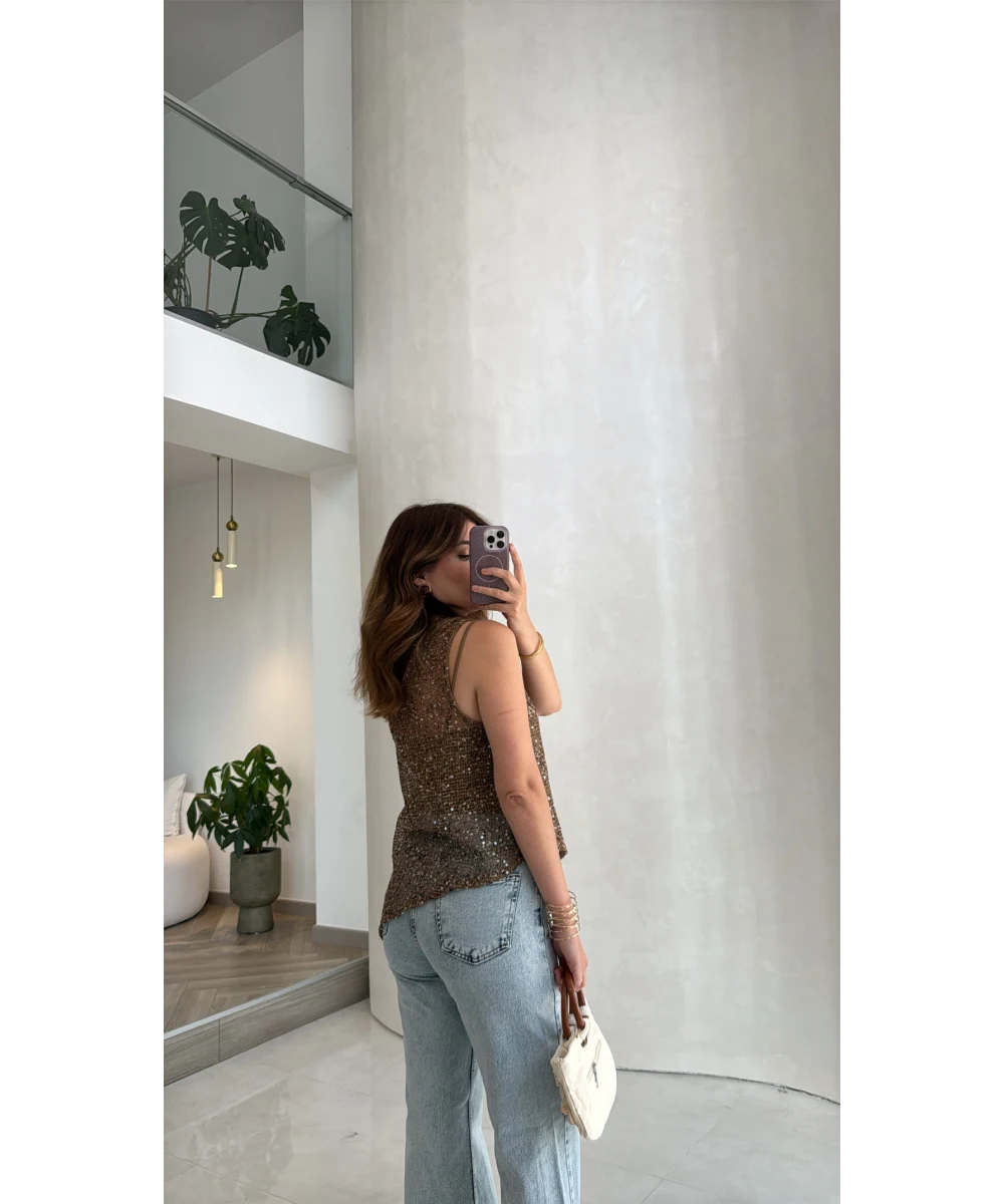 Zuri Sequined Open Work Blouse