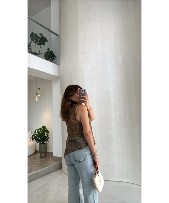 Zuri Sequined Open Work Blouse