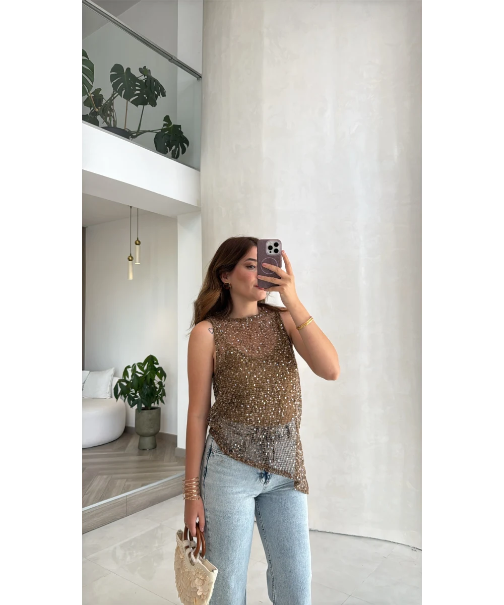 Zuri Sequined Open Work Blouse
