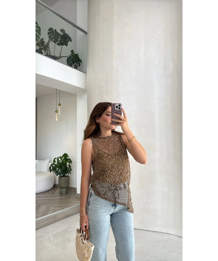 Zuri Sequined Open Work Blouse