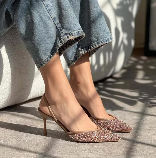 Sara Nude Mesh Heels with Sequins