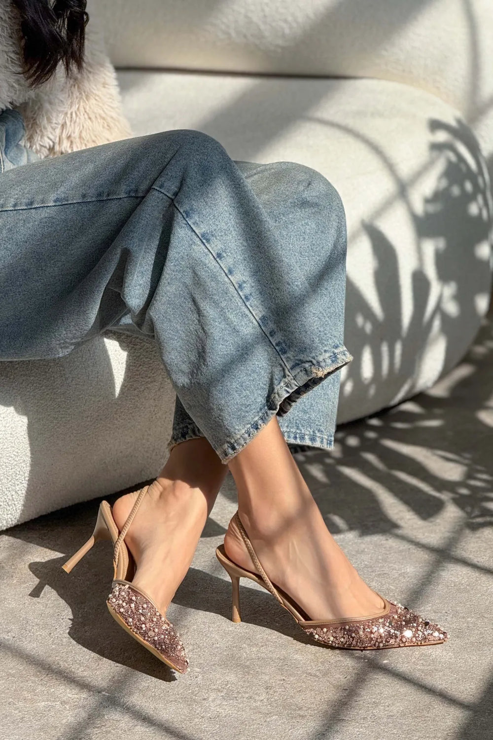 Sara Nude Mesh Heels with Sequins