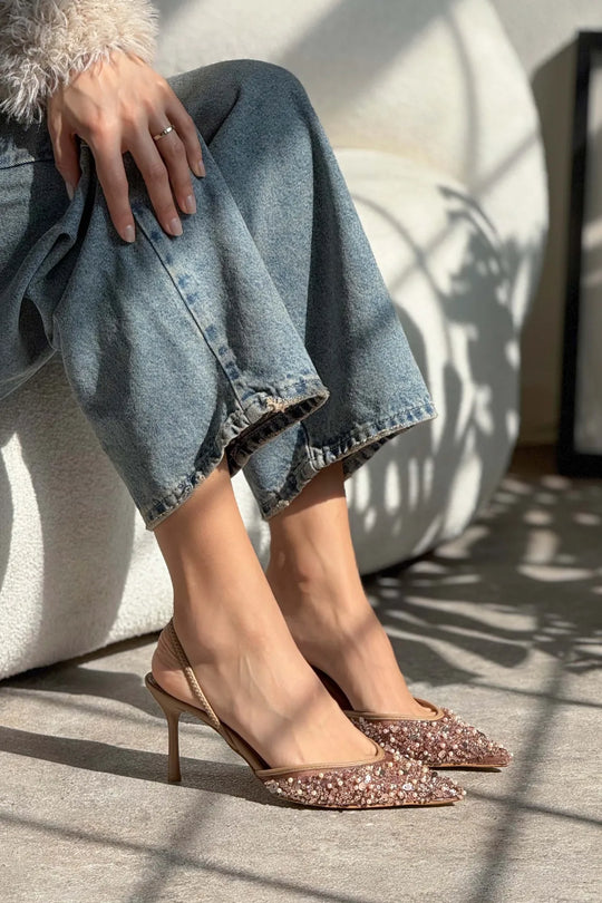 Sara Nude Mesh Heels with Sequins