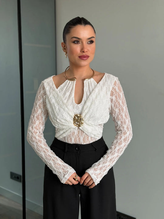 Kelsey Jewel Collar Mesh Bodysuit