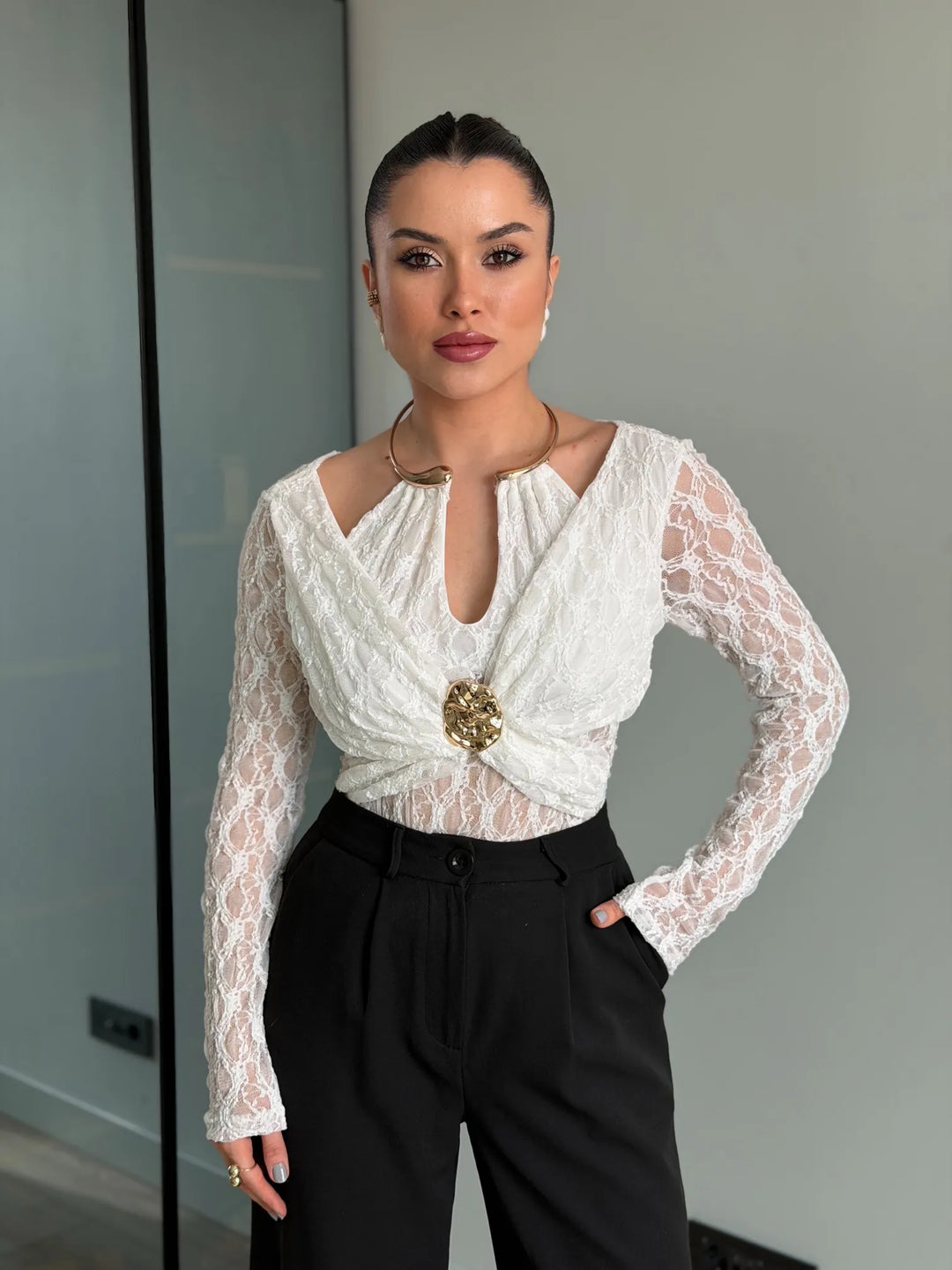 Kelsey Jewel Collar Mesh Bodysuit