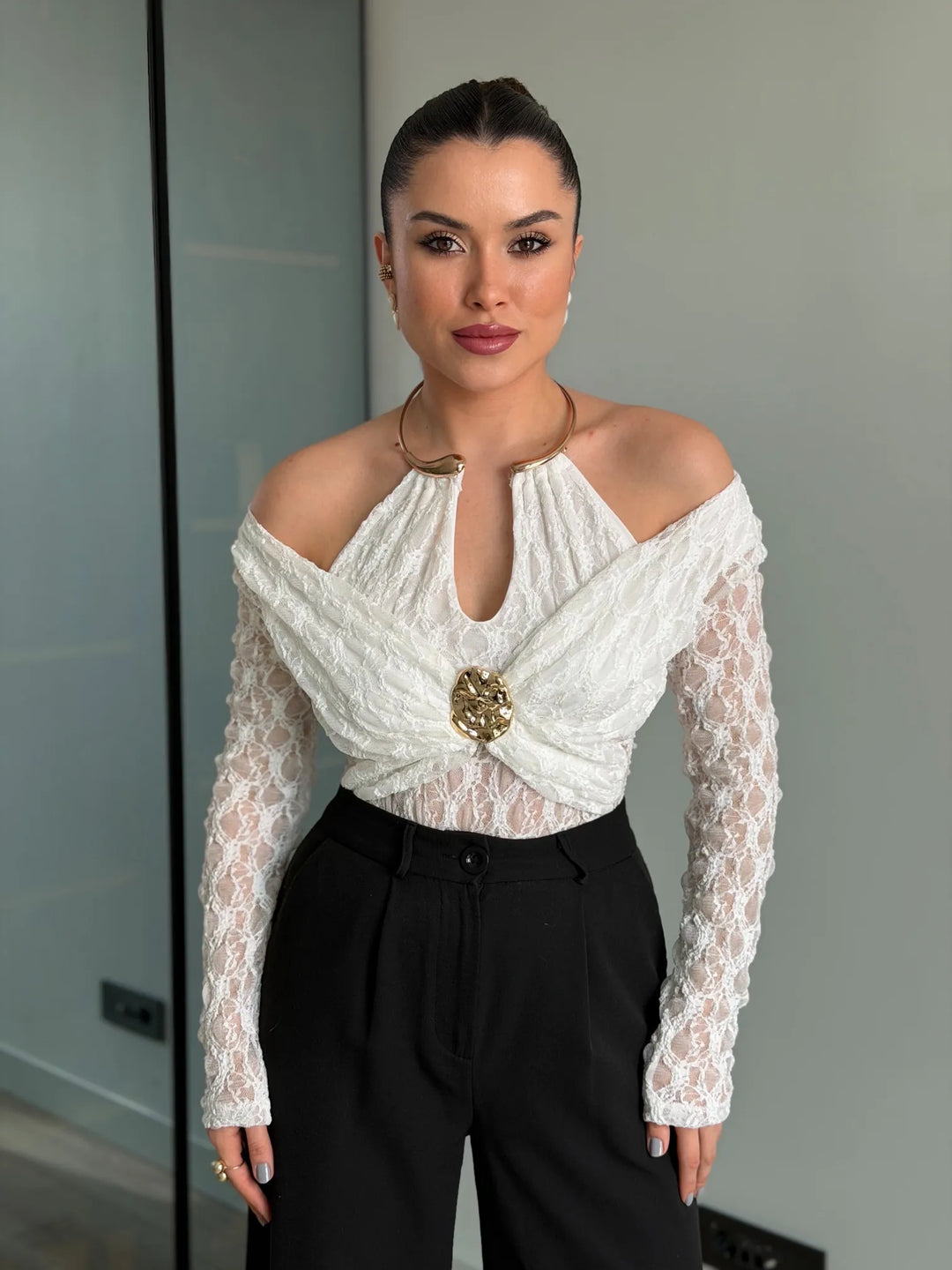 Kelsey Jewel Collar Mesh Bodysuit