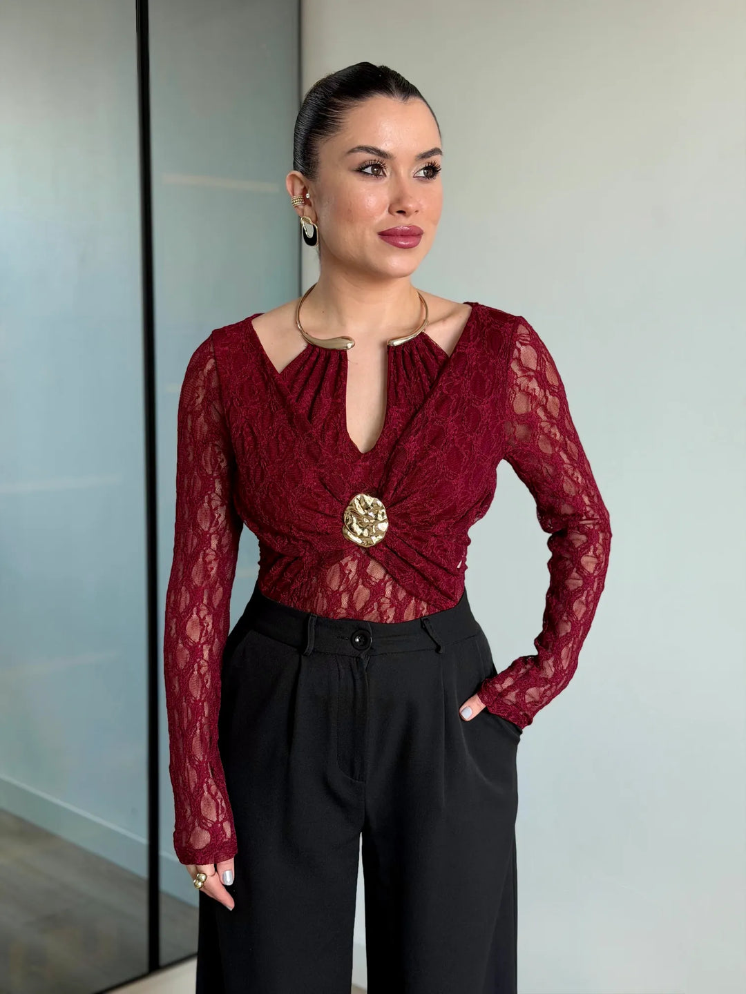 Kelsey Jewel Collar Mesh Bodysuit