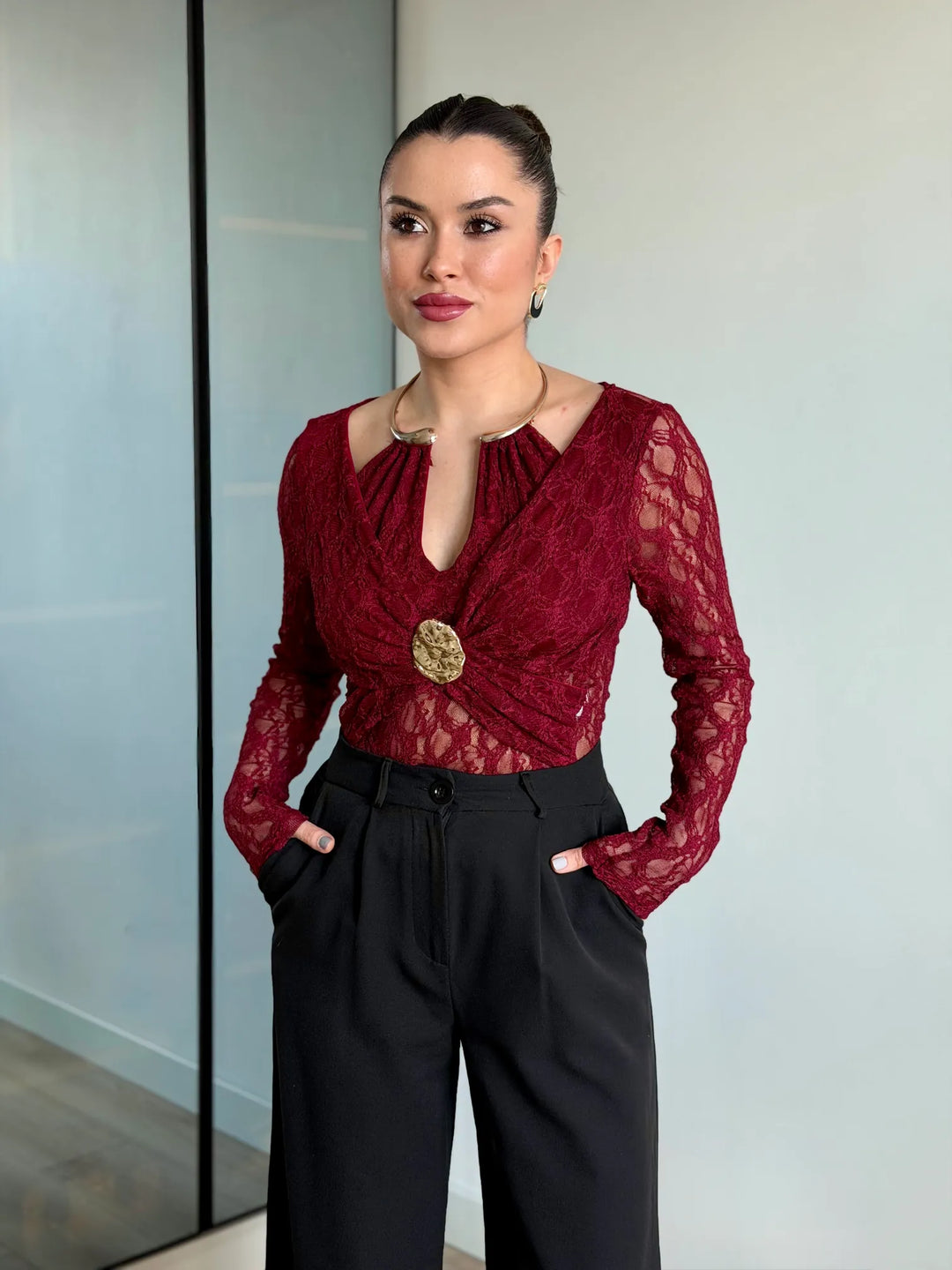 Kelsey Jewel Collar Mesh Bodysuit