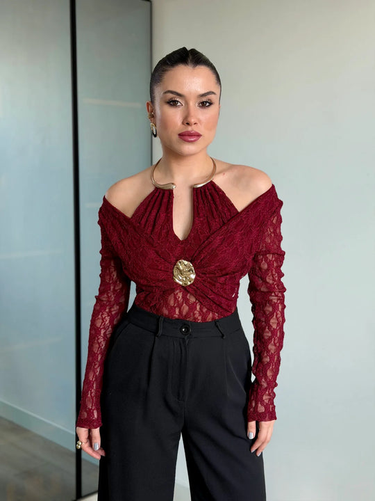 Kelsey Jewel Collar Mesh Bodysuit