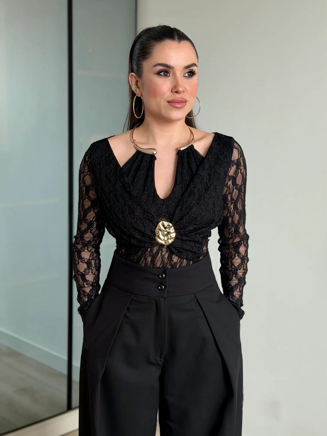 Kelsey Jewel Collar Mesh Bodysuit