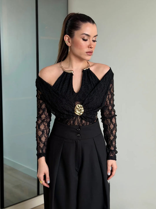 Kelsey Jewel Collar Mesh Bodysuit