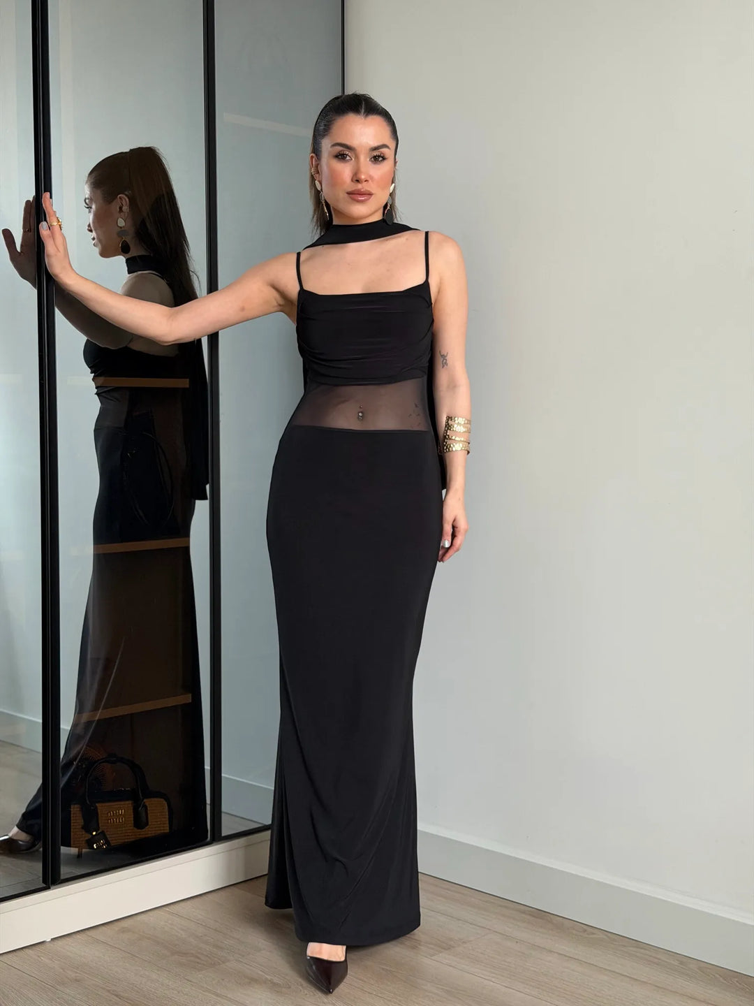 Scarlet Mesh Dress with Scarf