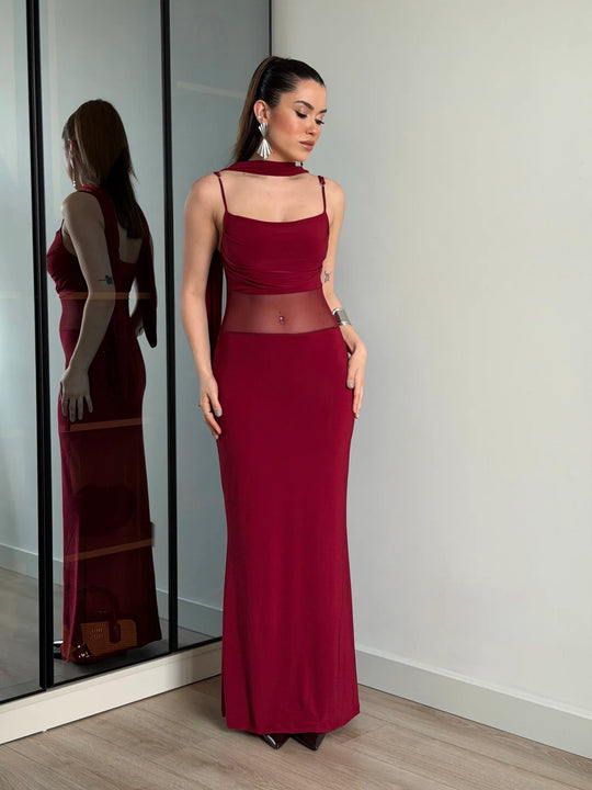 Scarlet Mesh Dress with Scarf