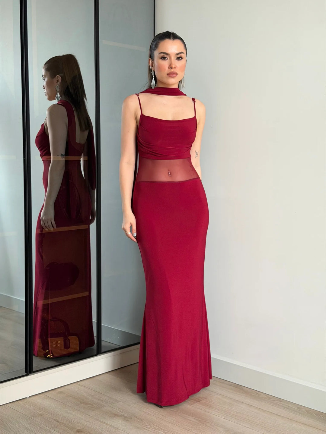 Scarlet Mesh Dress with Scarf