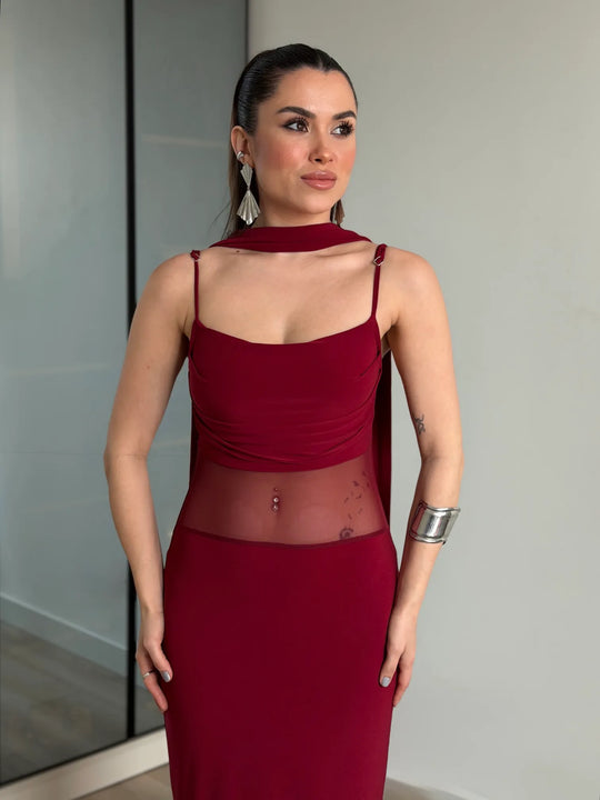 Scarlet Mesh Dress with Scarf