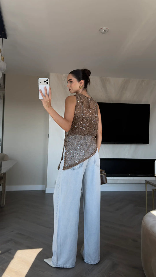 Zuri Sequined Open Work Blouse
