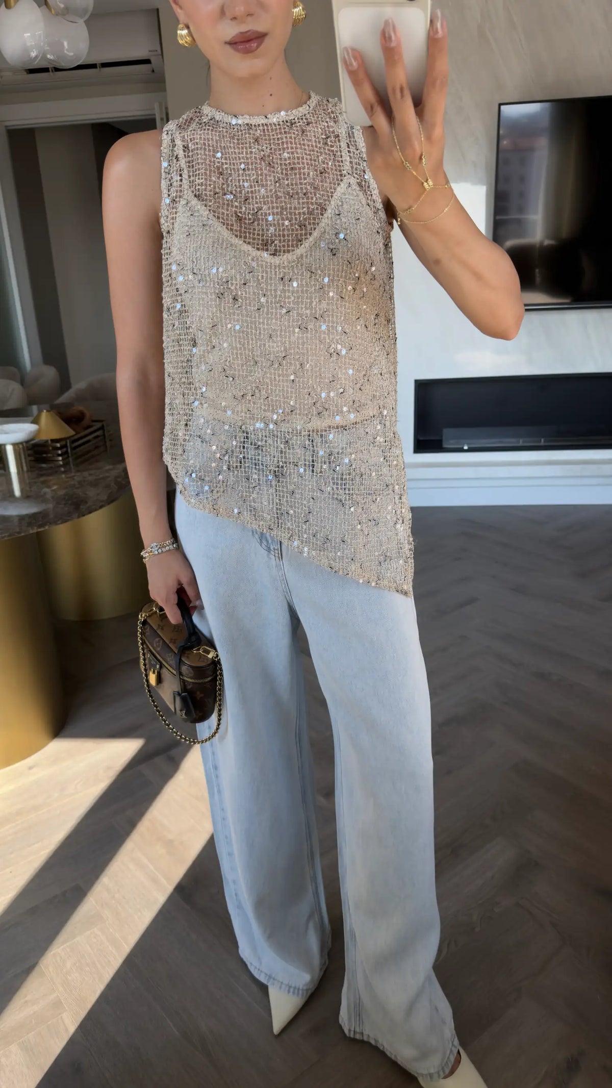 Zuri Sequined Open Work Blouse