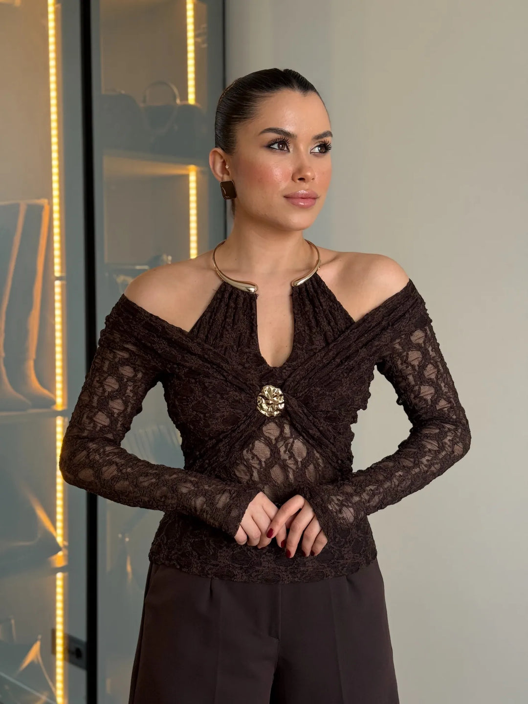 Kelsey Jewel Collar Mesh Bodysuit