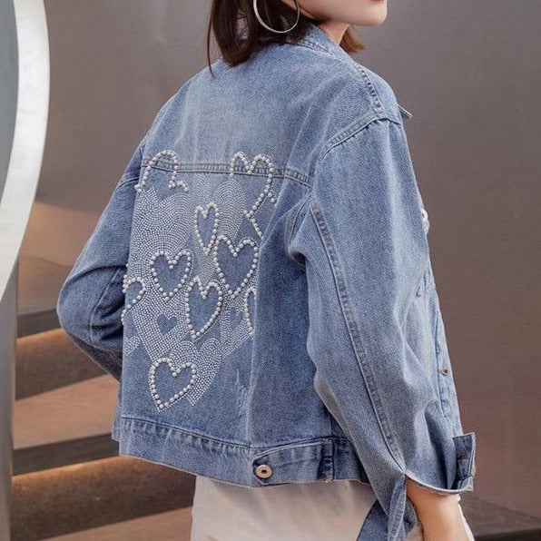 Pearl Denim Jacket with 3D heart Detailing