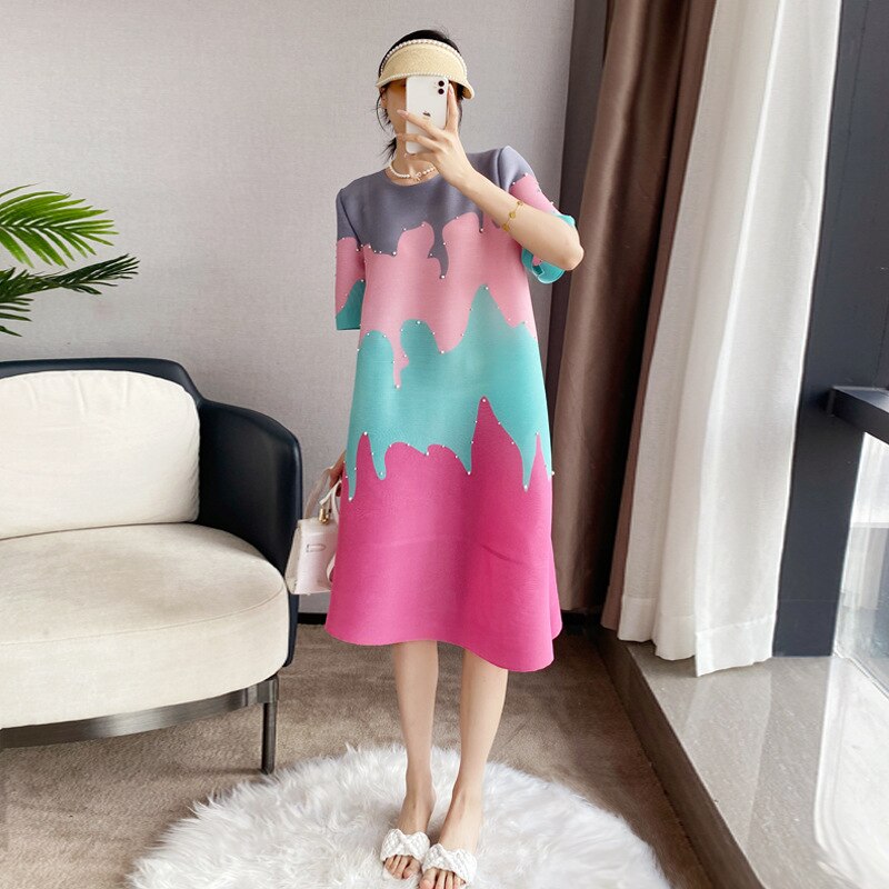 Darla Geometric print Designer Dress with Pearl Detailing