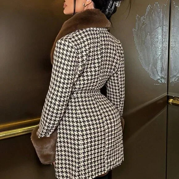 Jessica Plaid Woolen Coat with Fur Collar