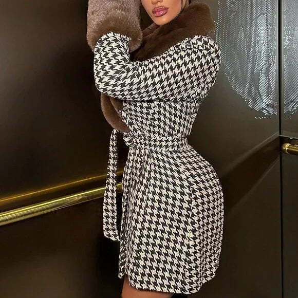 Jessica Plaid Woolen Coat with Fur Collar