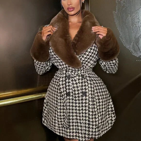 Jessica Plaid Woolen Coat with Fur Collar